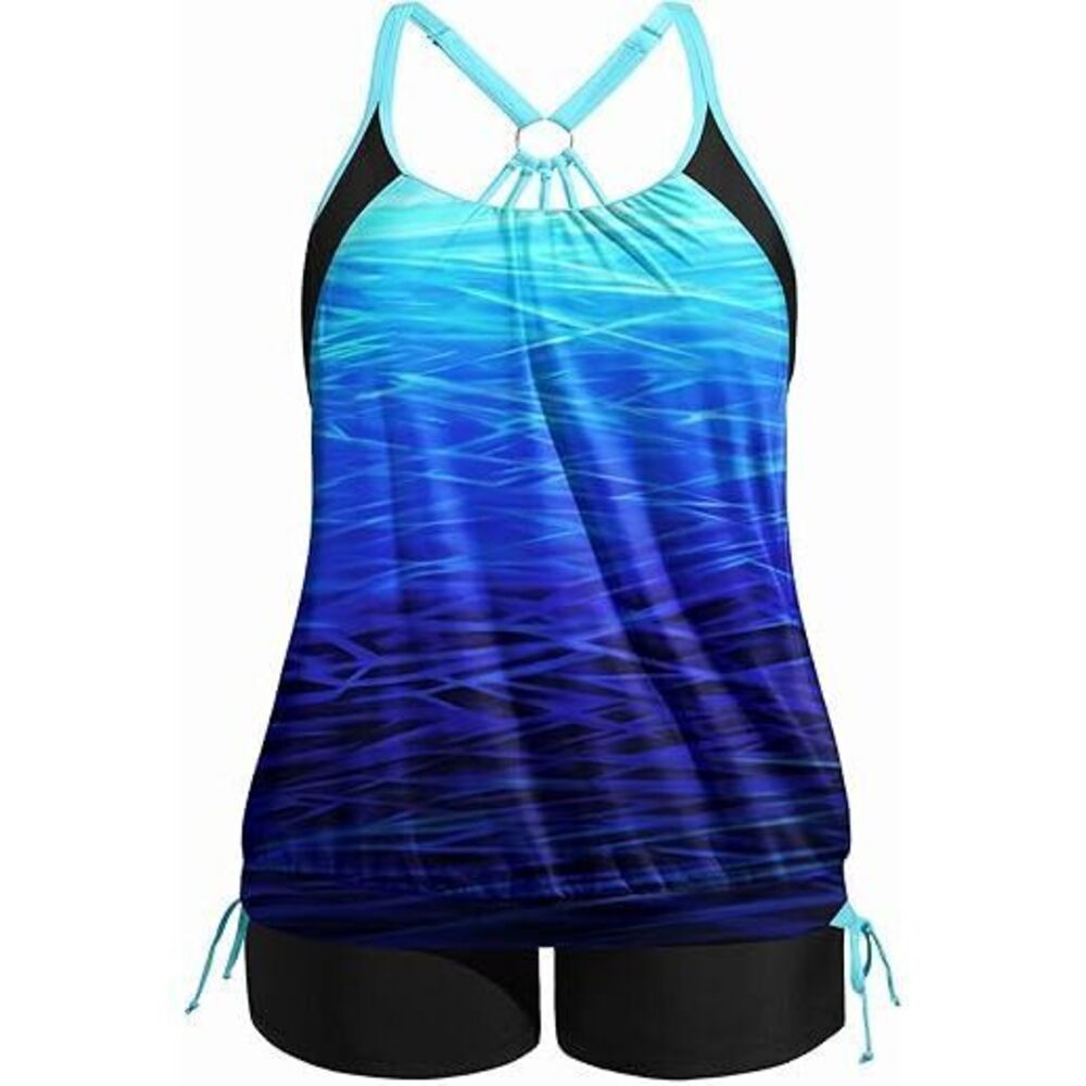 Dark Blue Gradient Plus Size Tankini Swimsuits For Women Two Piece Tummy Control
